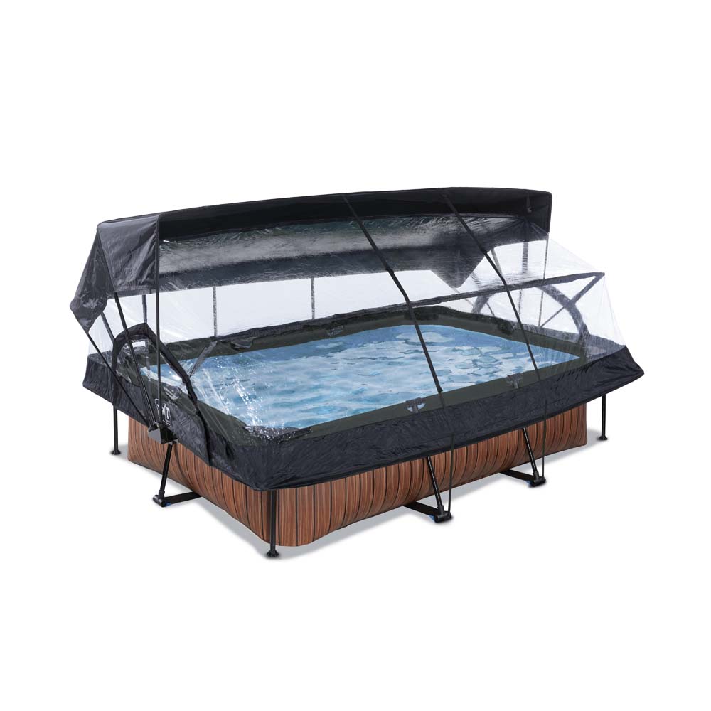 EXIT Wood zwembad 220x150x65cm met filterpomp en overkapping en schaduwdoek – bruin
