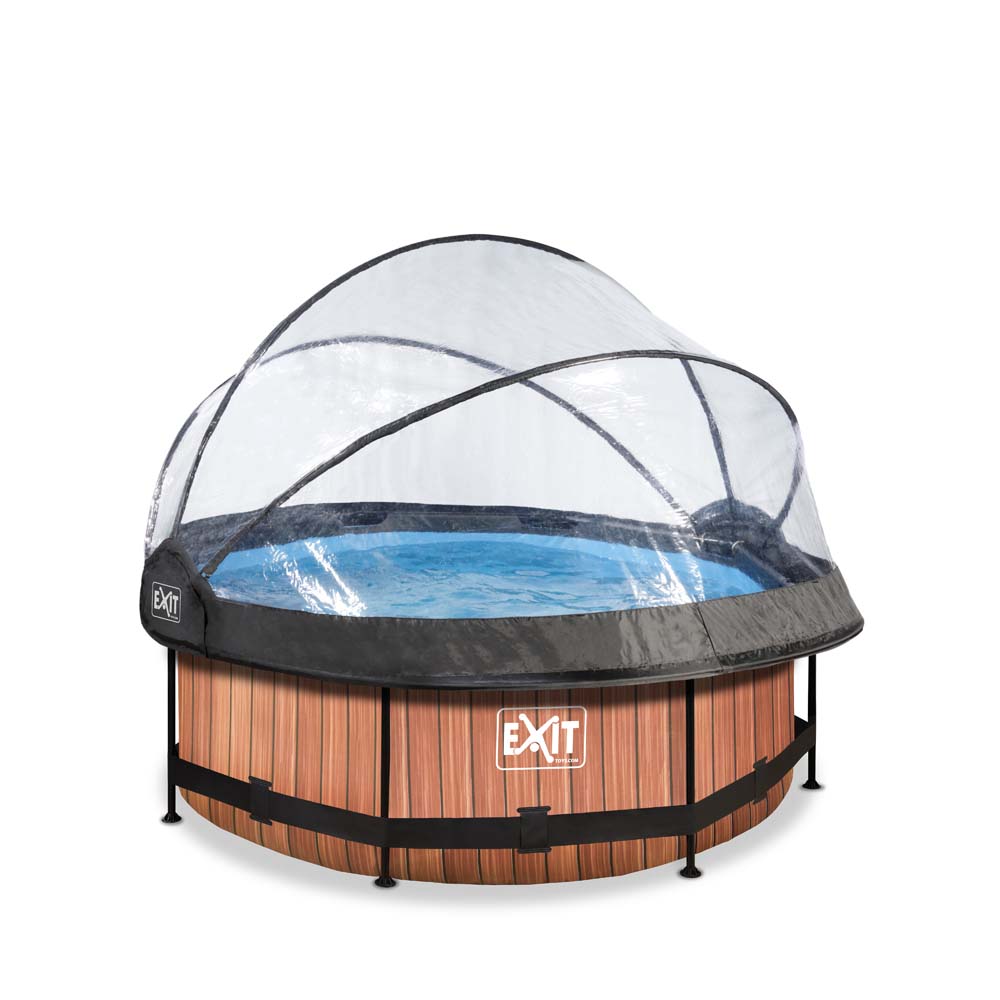 EXIT Wood zwembad ø244x76cm met filterpomp en overkapping – bruin