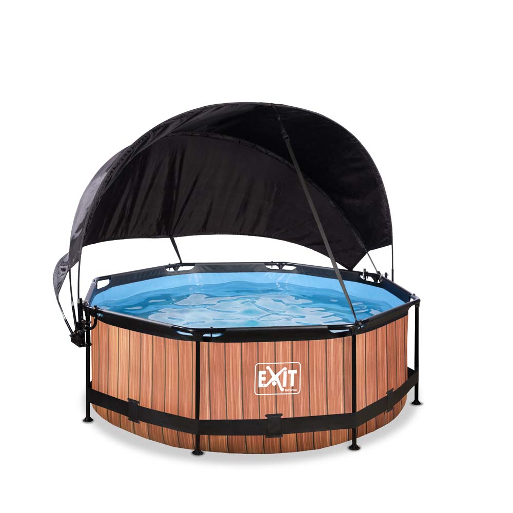 EXIT Wood zwembad ø244x76cm met filterpomp en schaduwdoek – bruin
