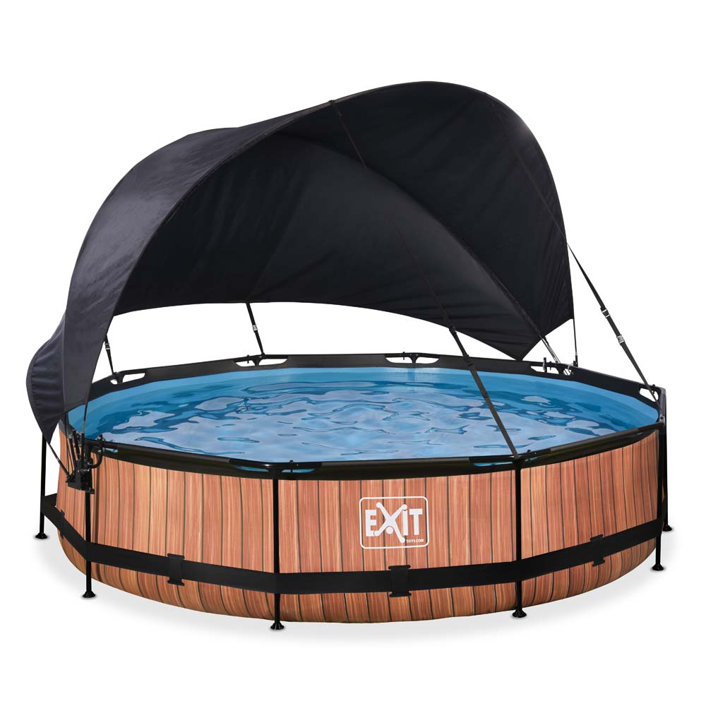 EXIT Wood zwembad ø360x76cm met filterpomp en schaduwdoek – bruin