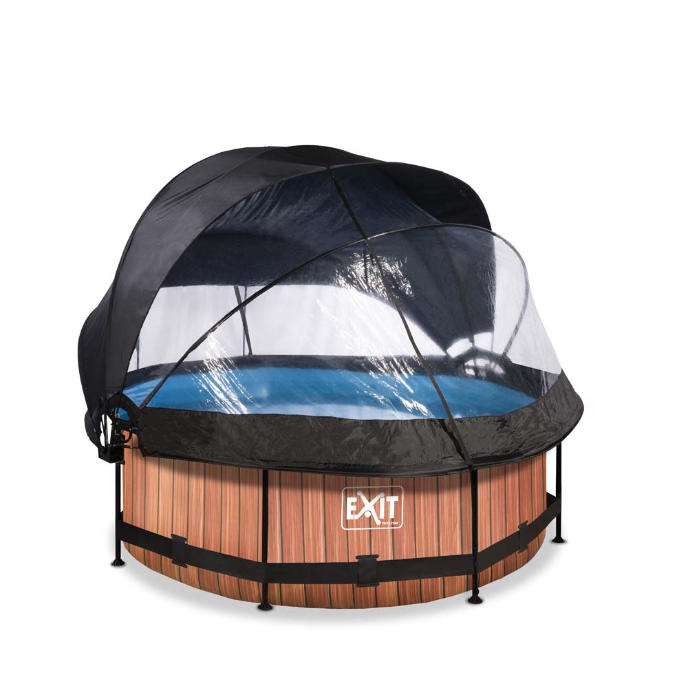 EXIT Wood zwembad ø244x76cm met filterpomp en overkapping en schaduwdoek  – bruin