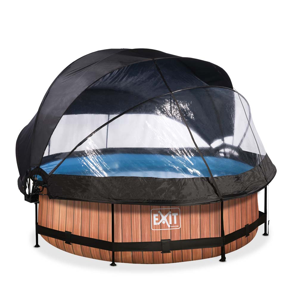 EXIT Wood zwembad ø300x76cm met filterpomp en overkapping en schaduwdoek  – bruin