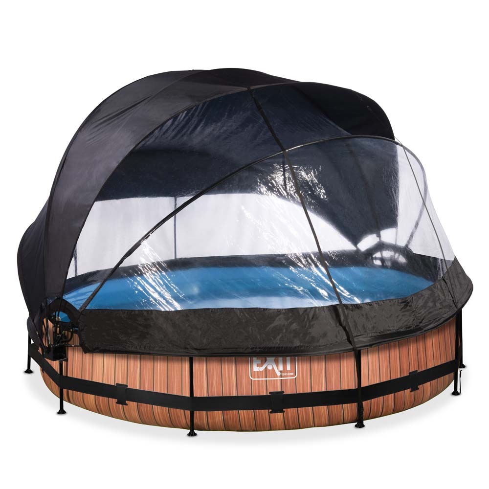 EXIT Wood zwembad ø360x76cm met filterpomp en overkapping en schaduwdoek  – bruin